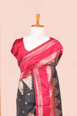 Black Semi Art Silk Saree Delicate Golden Zari Motifs Along With Thalampoo Zari Woven Across The BodyZari Weaving And Contrast Pallu