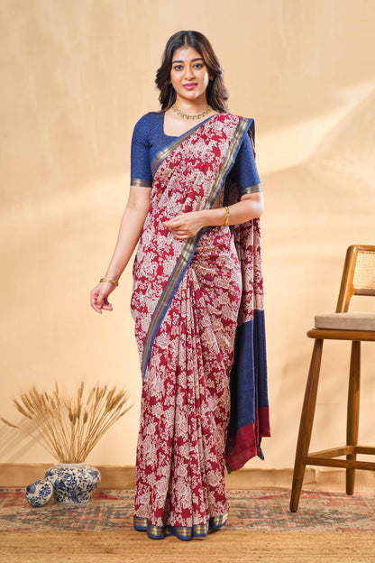 Maroon Dola Silk Saree Floral Design Across The Body & Contrast Pallu Along With Blouse