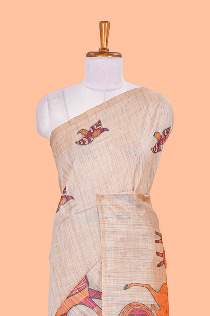 Borderless sandal animal themed woven munga cotton saree with printed pallu and blouse