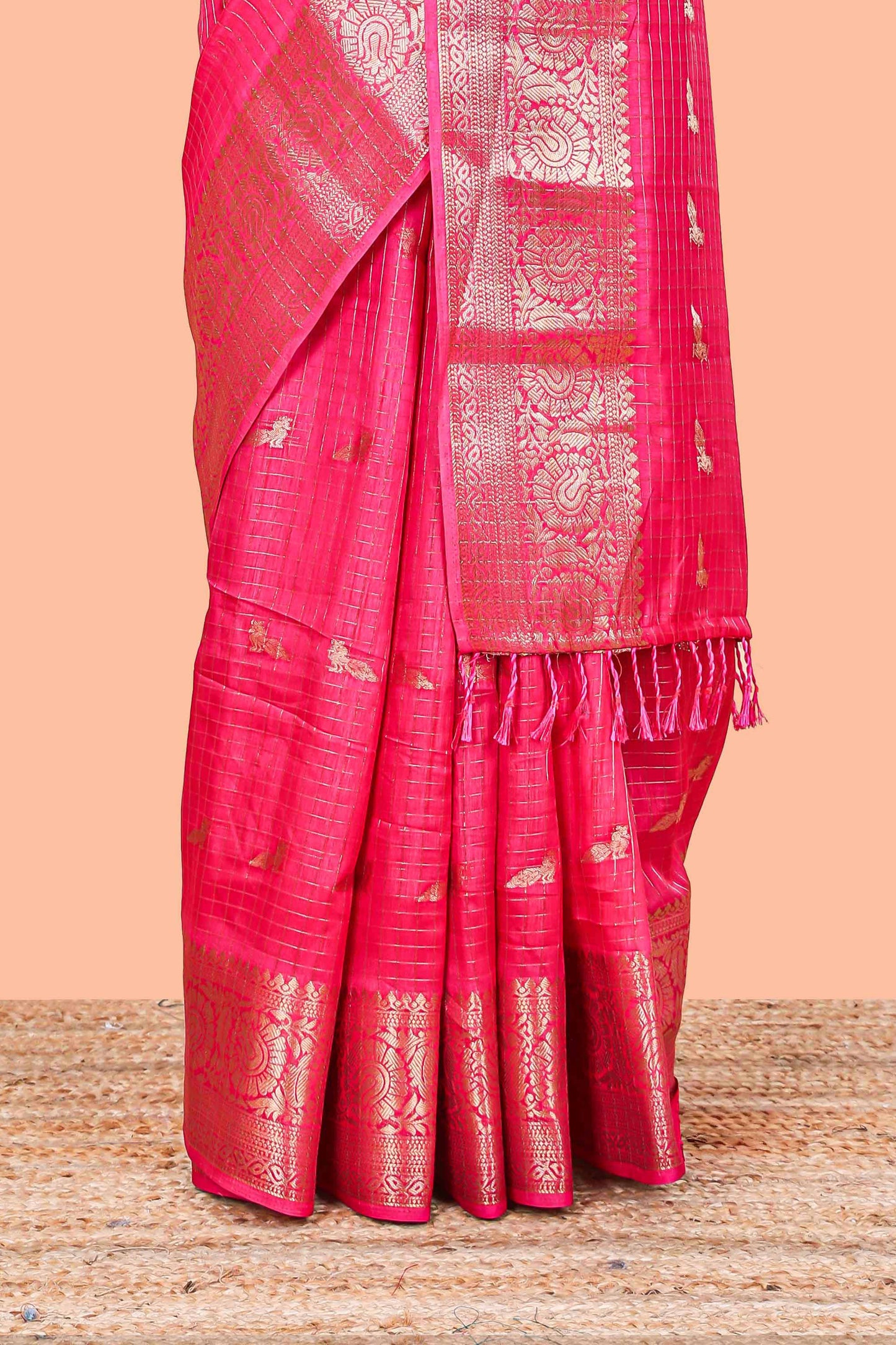 Pink checked peacock zari butta art raw silk saree with zari border and matching blouse