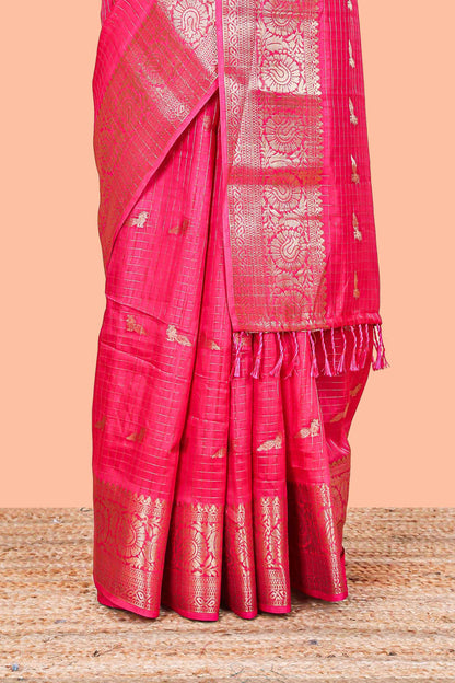Pink checked peacock zari butta art raw silk saree with zari border and matching blouse