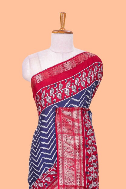 Navy Blue Tusser Silk Geometrical Design With Jacquard Border