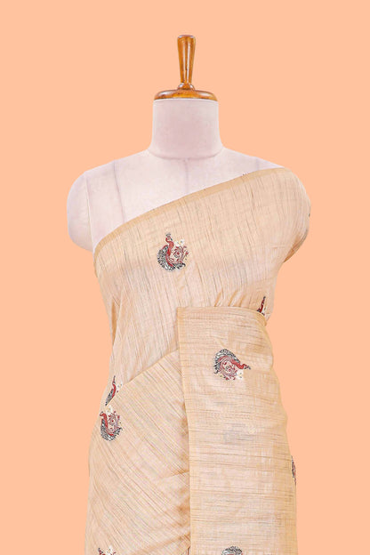 Cream munga cotton peacock butta saree with fine thread weaving, borderless style and matching blouse