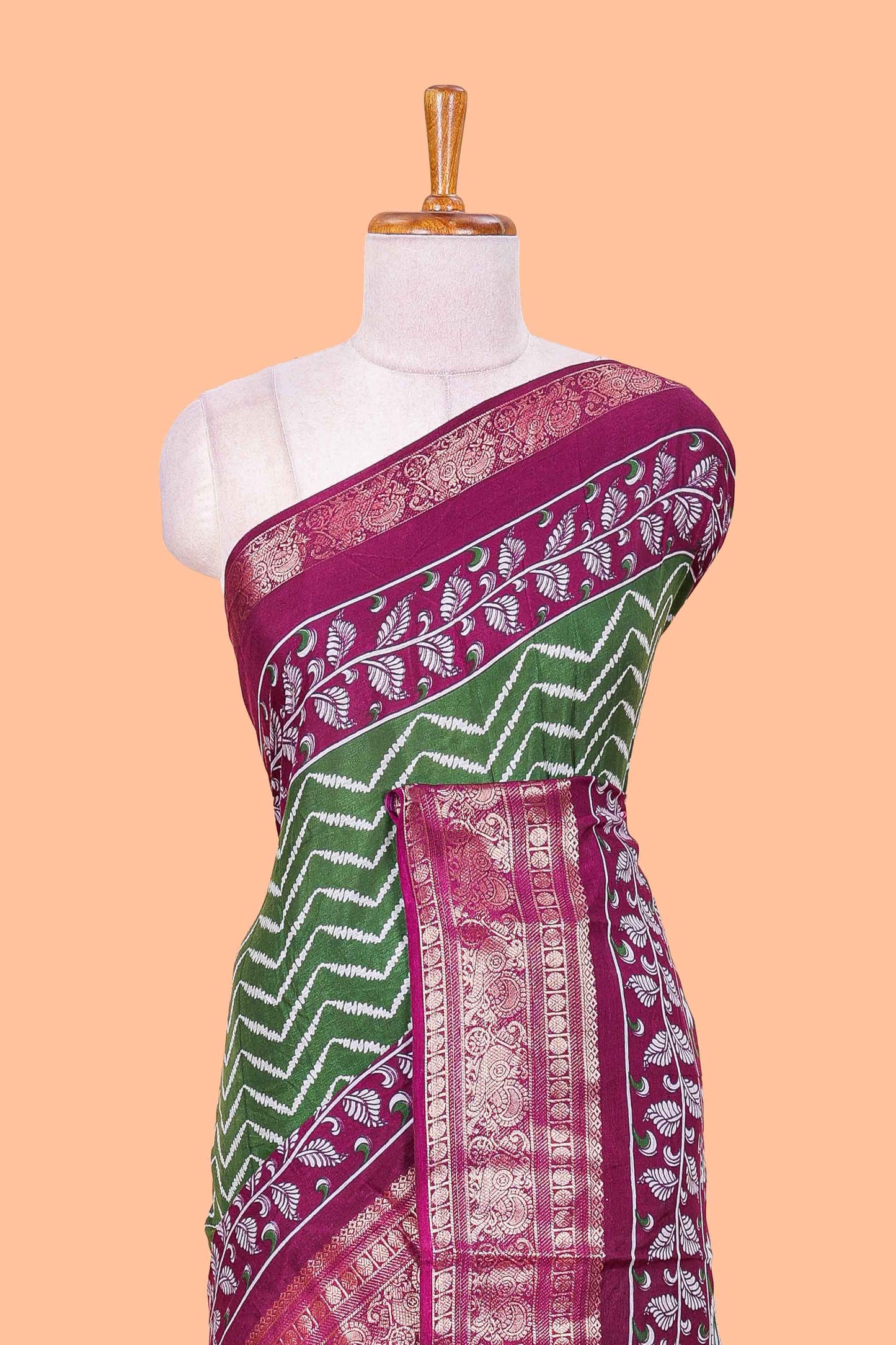 Green Tusser Silk Geometrical Design With Jacquard Border