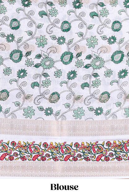 Green peacock zari butta dola silk saree with contrast floral vine border and printed blouse