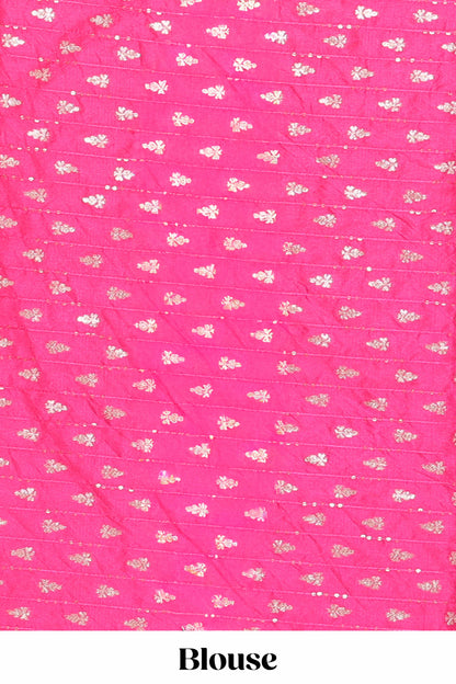 Pink checked peacock zari butta art raw silk saree with zari border and matching blouse