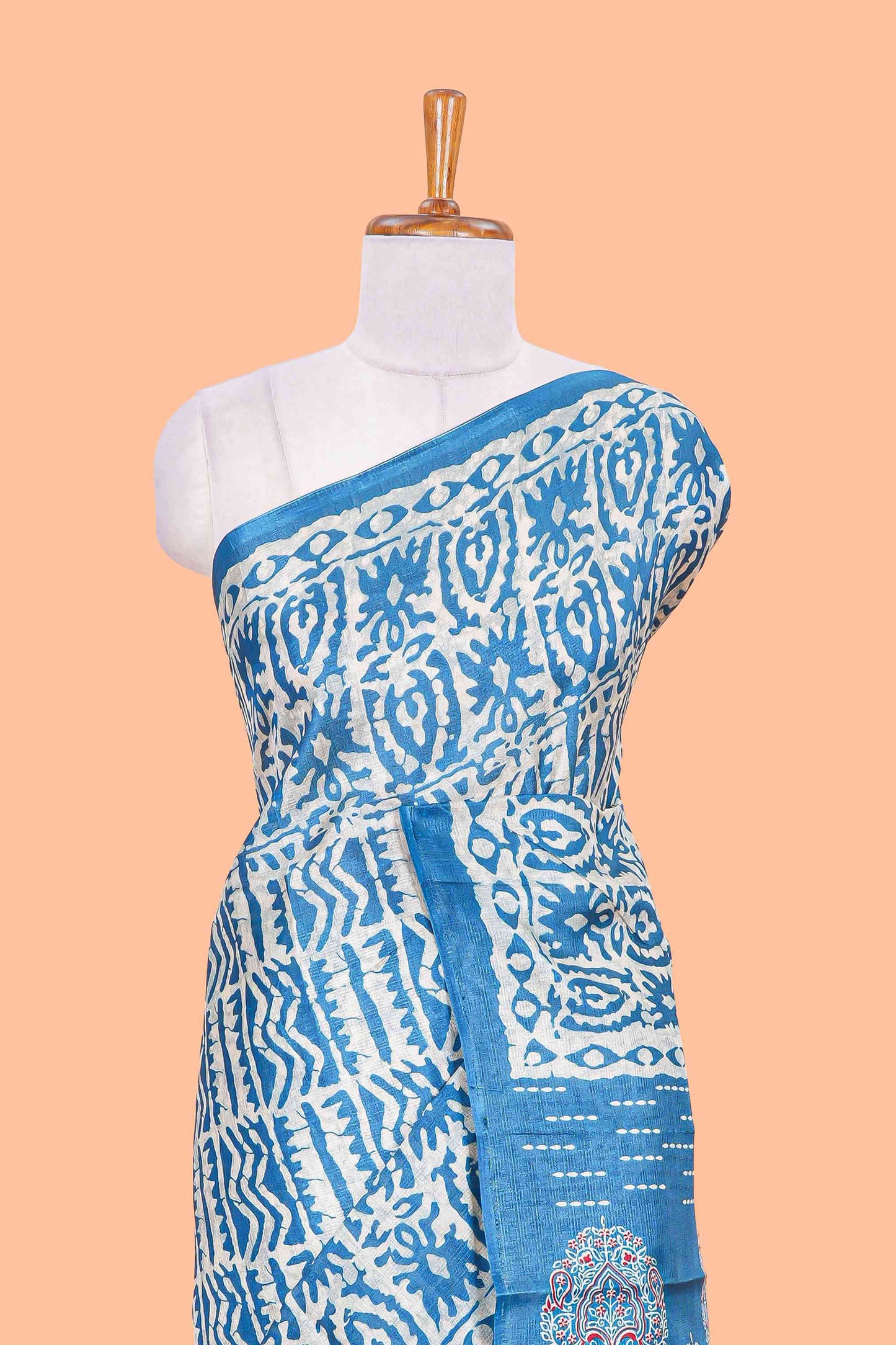 Blue Khadi Cotton Body And Pallu All Over Batick Print Design