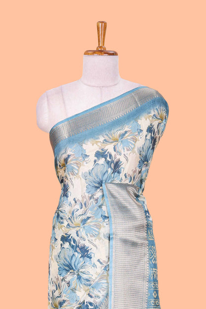 Sky Blue Semi Banaras Dola Silk Floral Printed With Jacquard Border