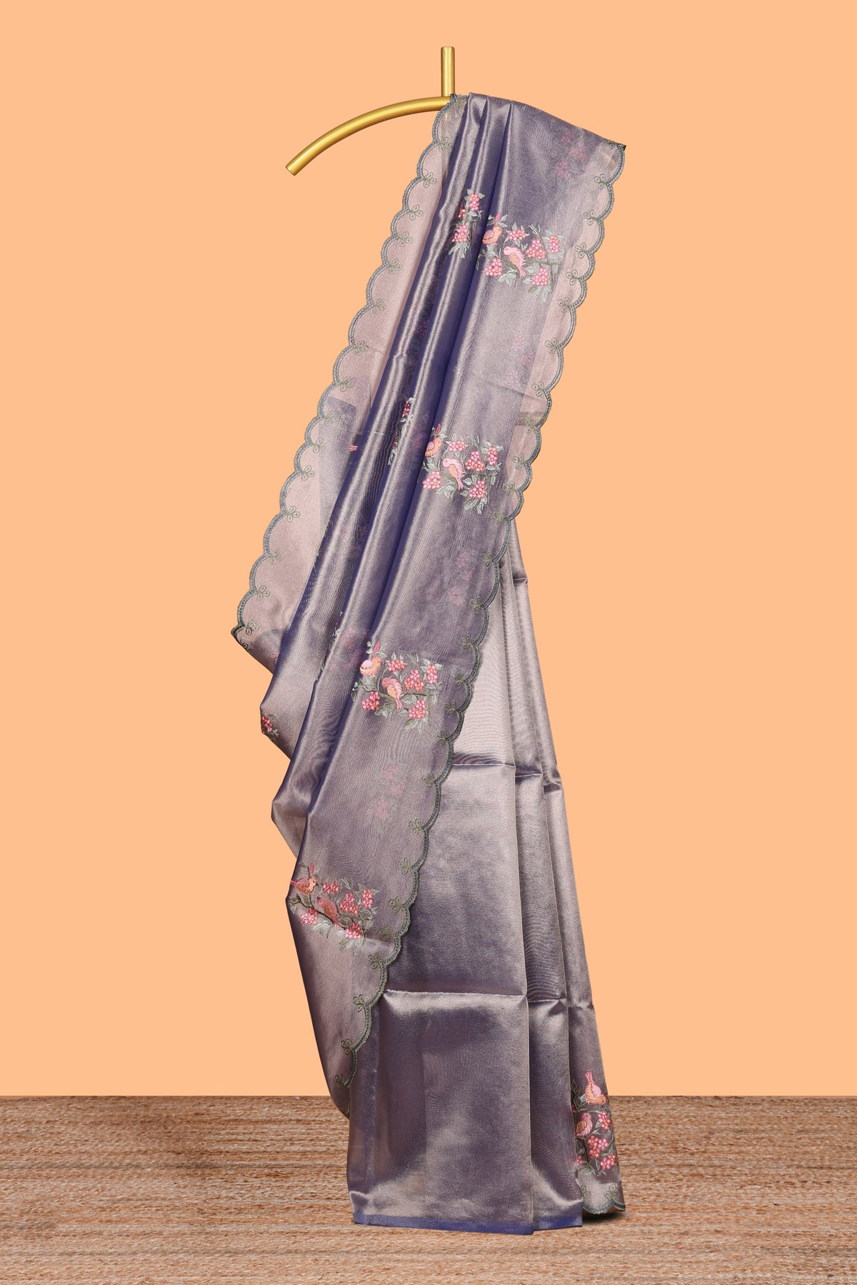 Steel blue floral design motifs art tissue saree with scallop design border and matching plain blouse