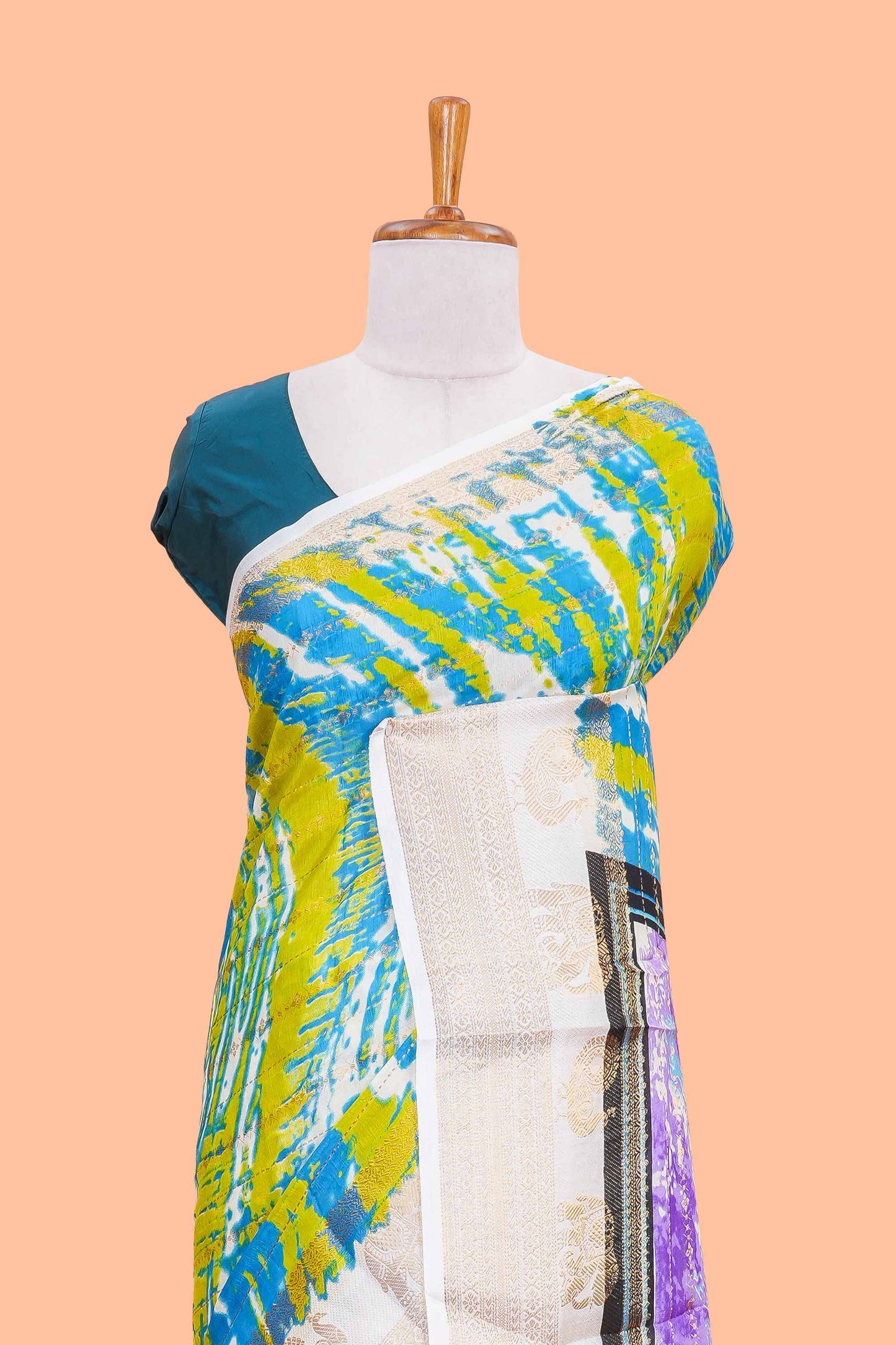 dolo silk saree with tie and dye abstract print all over body with kanchipuram border and rajastani village art pallu and floral print blouse