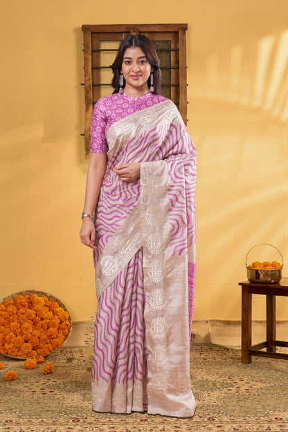 Sandal Art Tussar Saree Pink Abstract Design Across The Body With Lotus Embroidery Border Bandhani Print Pallu