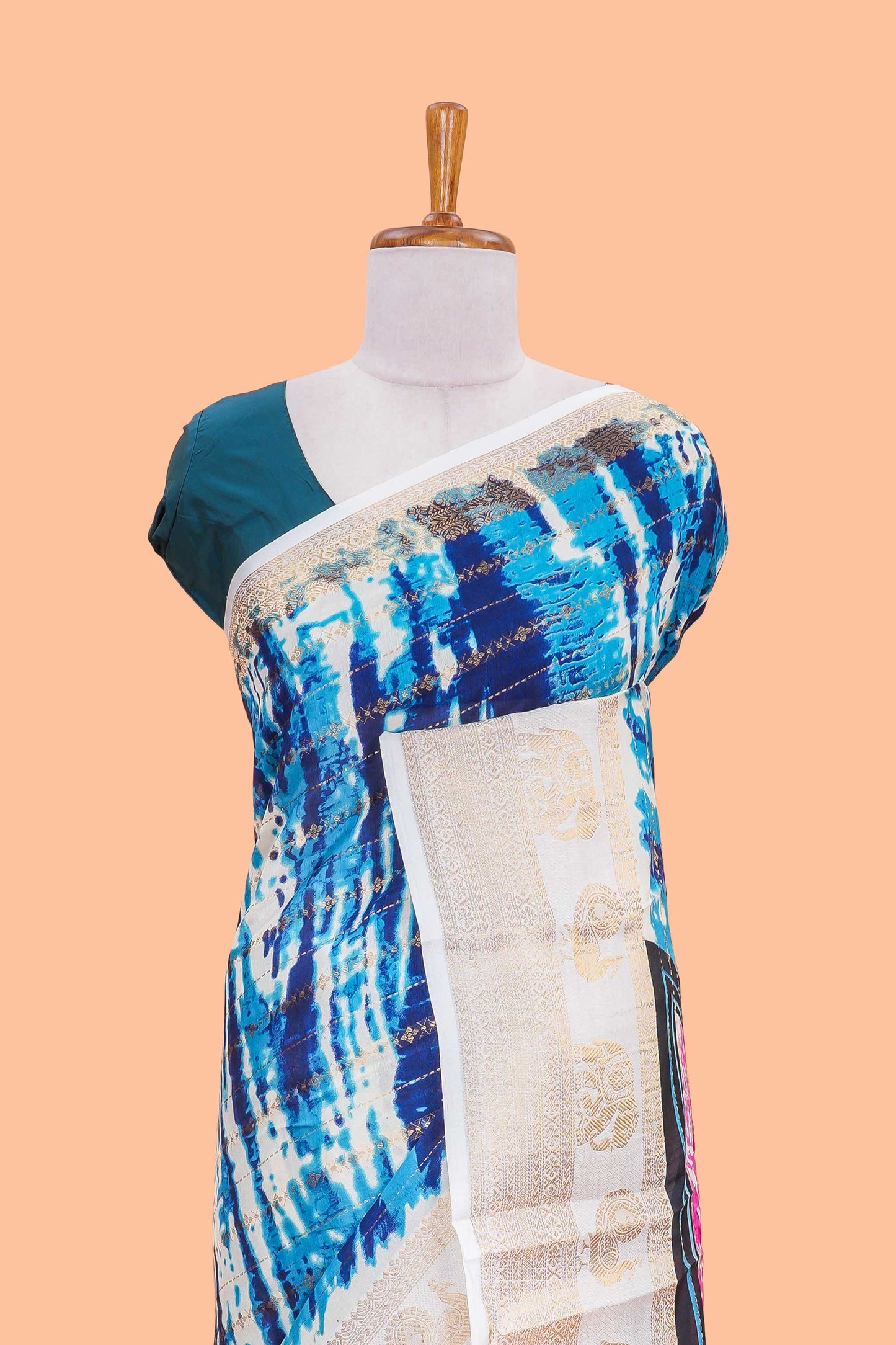 dolo silk saree with tie and dye abstract print all over body with kanchipuram border and rajastani village art pallu and floral print blouse