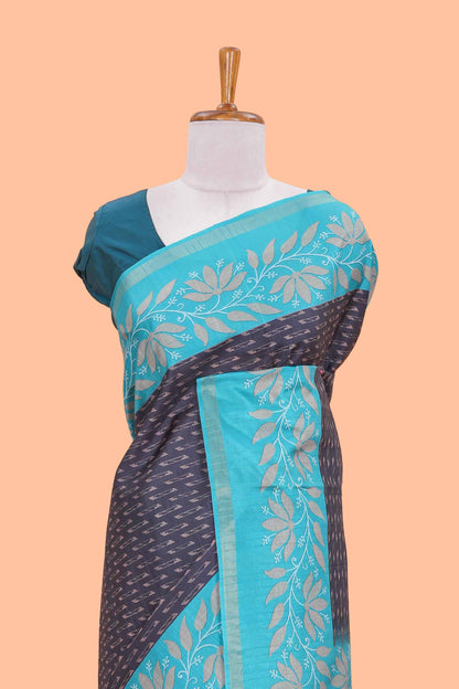 Black Semi Tussar Saree All Over Digital Print And Contrast Pallu