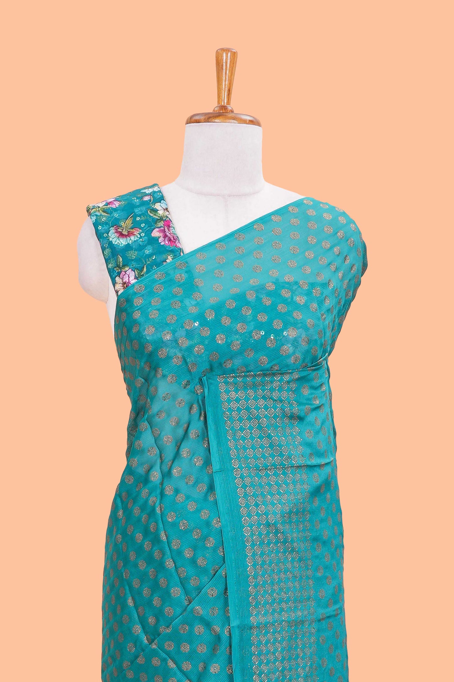 Green Moss Chiffon Saree All Over Foil Printed Along With Floral Design Blouse