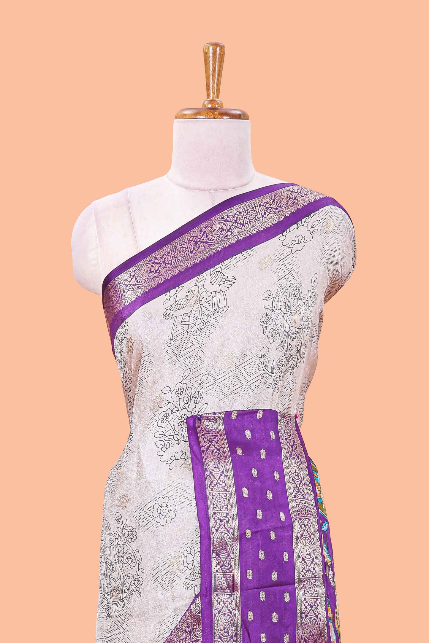 Lavender Mars Georgette Body Floral Print With Contrast Bentex Border Above Kalamkari Print With Kalamkari Pallu