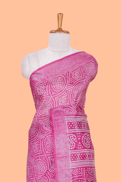 Pink south cotton saree with bandhini print body & pallu and silver bawanchi border