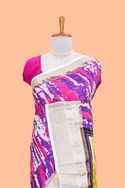 dolo silk saree with tie and dye abstract print all over body with kanchipuram border and rajastani village art pallu and floral print blouse