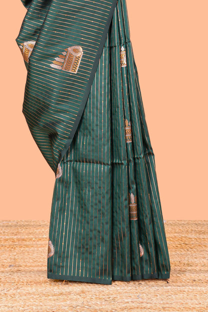 Dark Green Semi Soft Silk Saree Body All Over Vaira Oosi Zari Pattern With Gold Zari Butti and Borderless Grand Zari Rich Pallu
