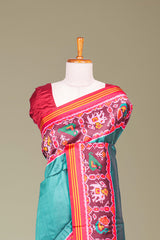 Peacock Green Art Silk Saree Plain Body With Patola Design Pallu Along With Contrast Blouse