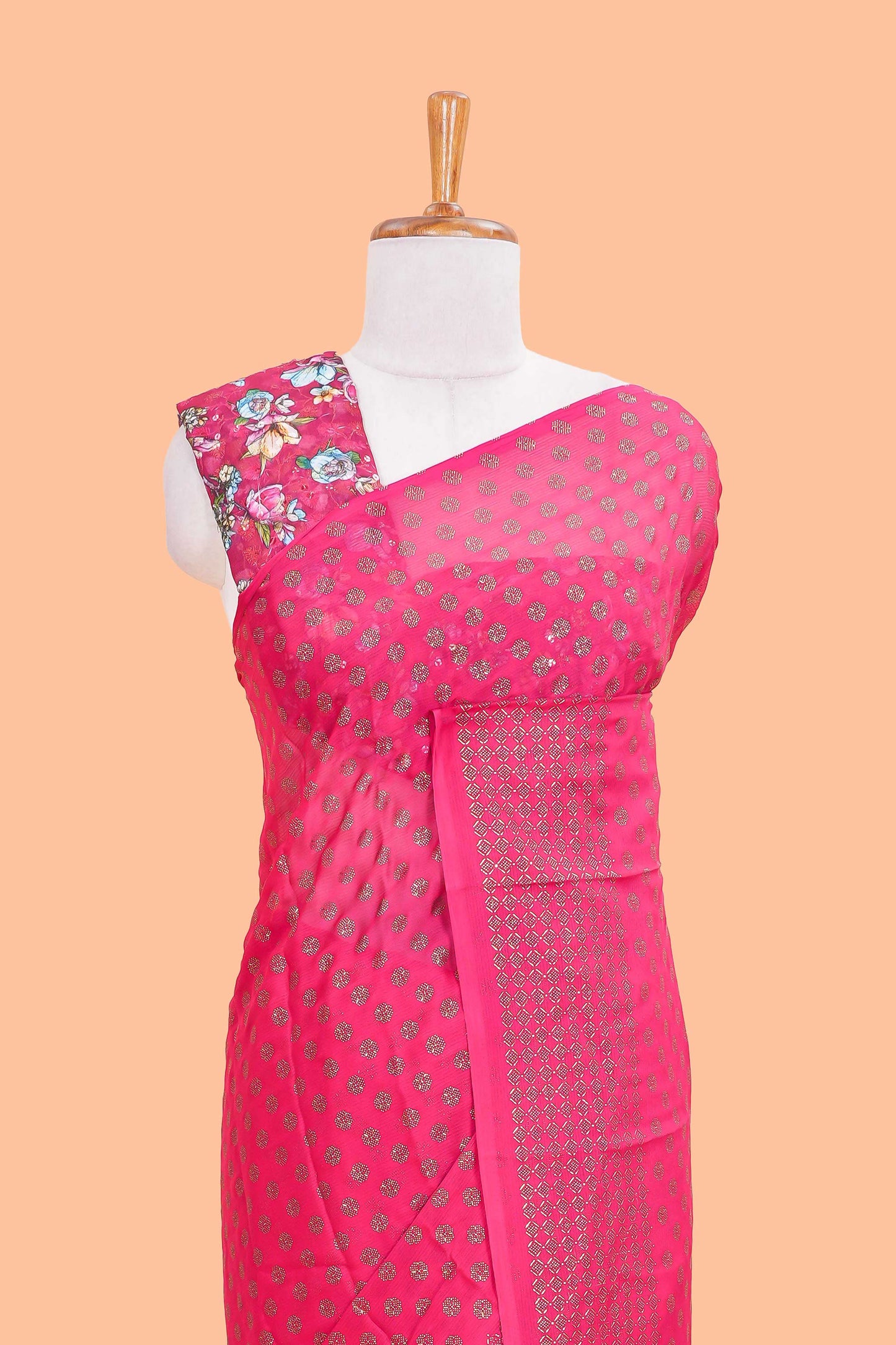 Red Moss Chiffon Saree All Over Foil Printed Along With Floral Design Blouse