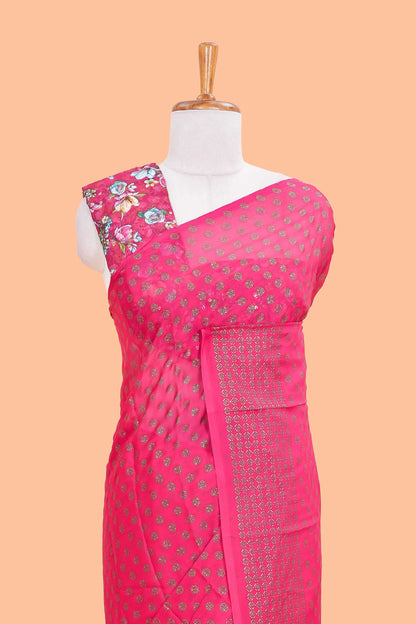 Red Moss Chiffon Saree All Over Foil Printed Along With Floral Design Blouse