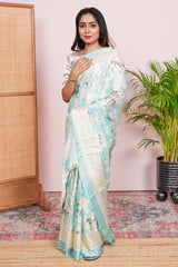 blue saree with white floral printed