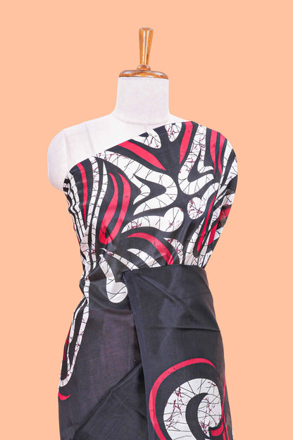 Red Lichi Cotton Saree Border Less All Over Body And Pallu Abstract Print Design