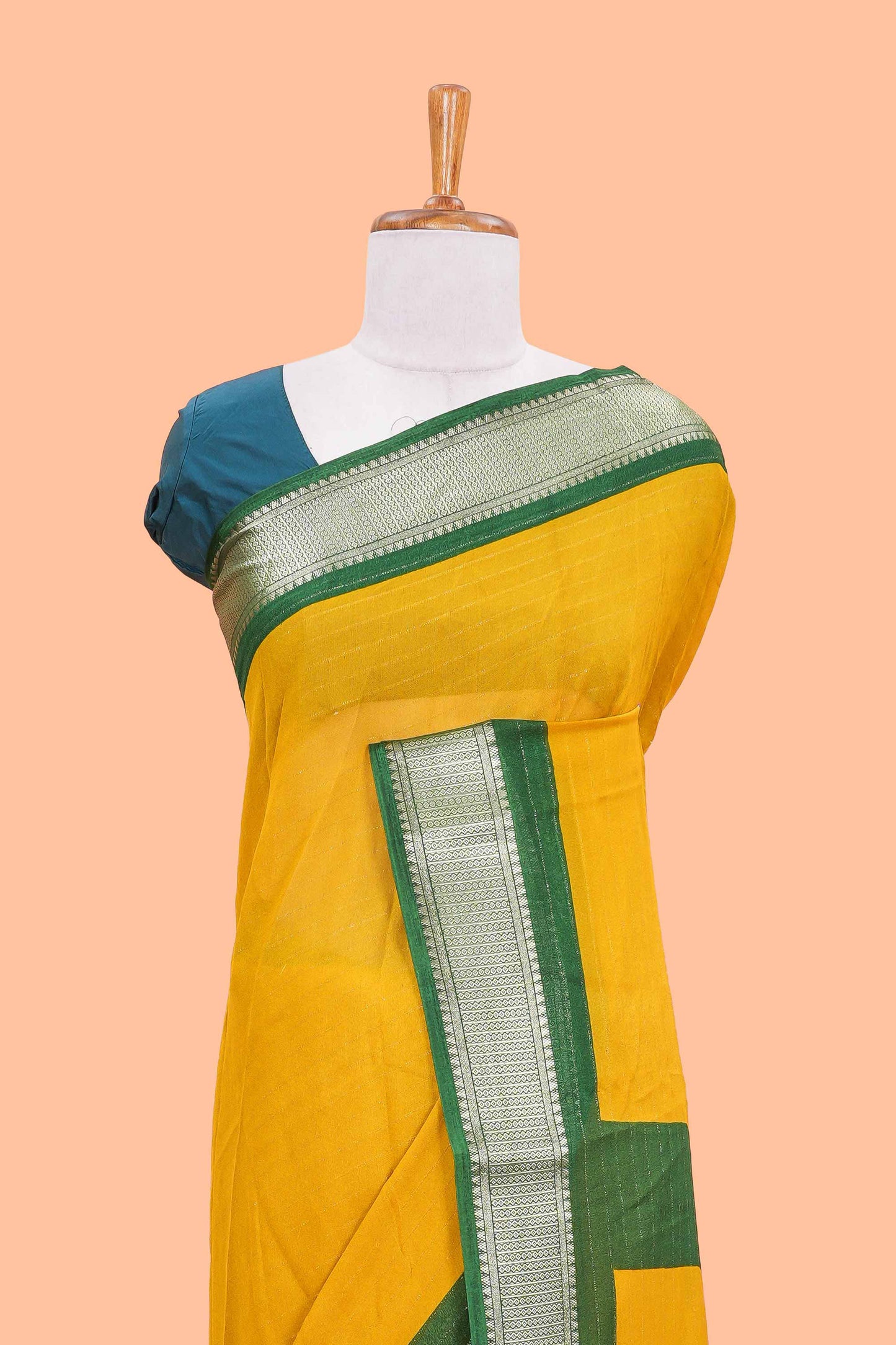 Mustard stripes crepe chiffon saree with contrast border and blouse