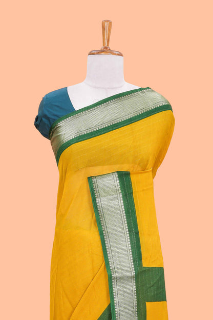 Mustard stripes crepe chiffon saree with contrast border and blouse