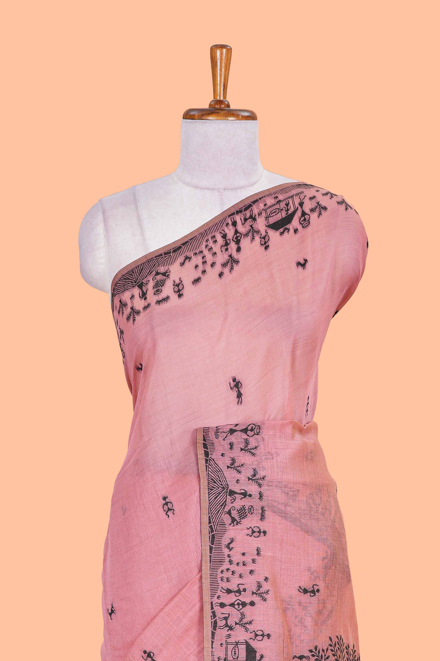 Pink thread woven warli design munga cotton saree with self border and matching blouse