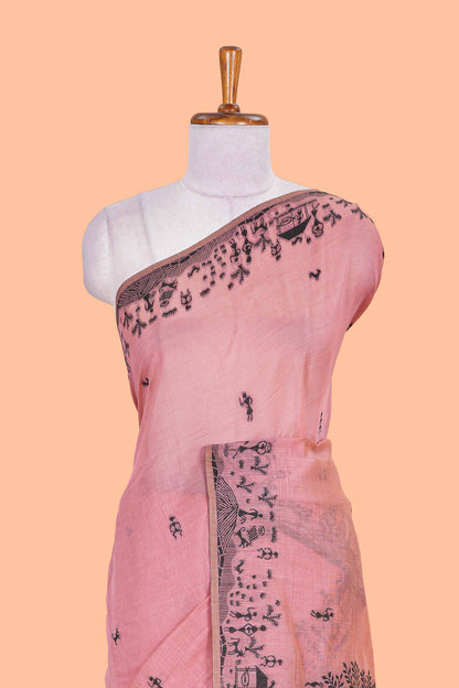 Pink thread woven warli design munga cotton saree with self border and matching blouse
