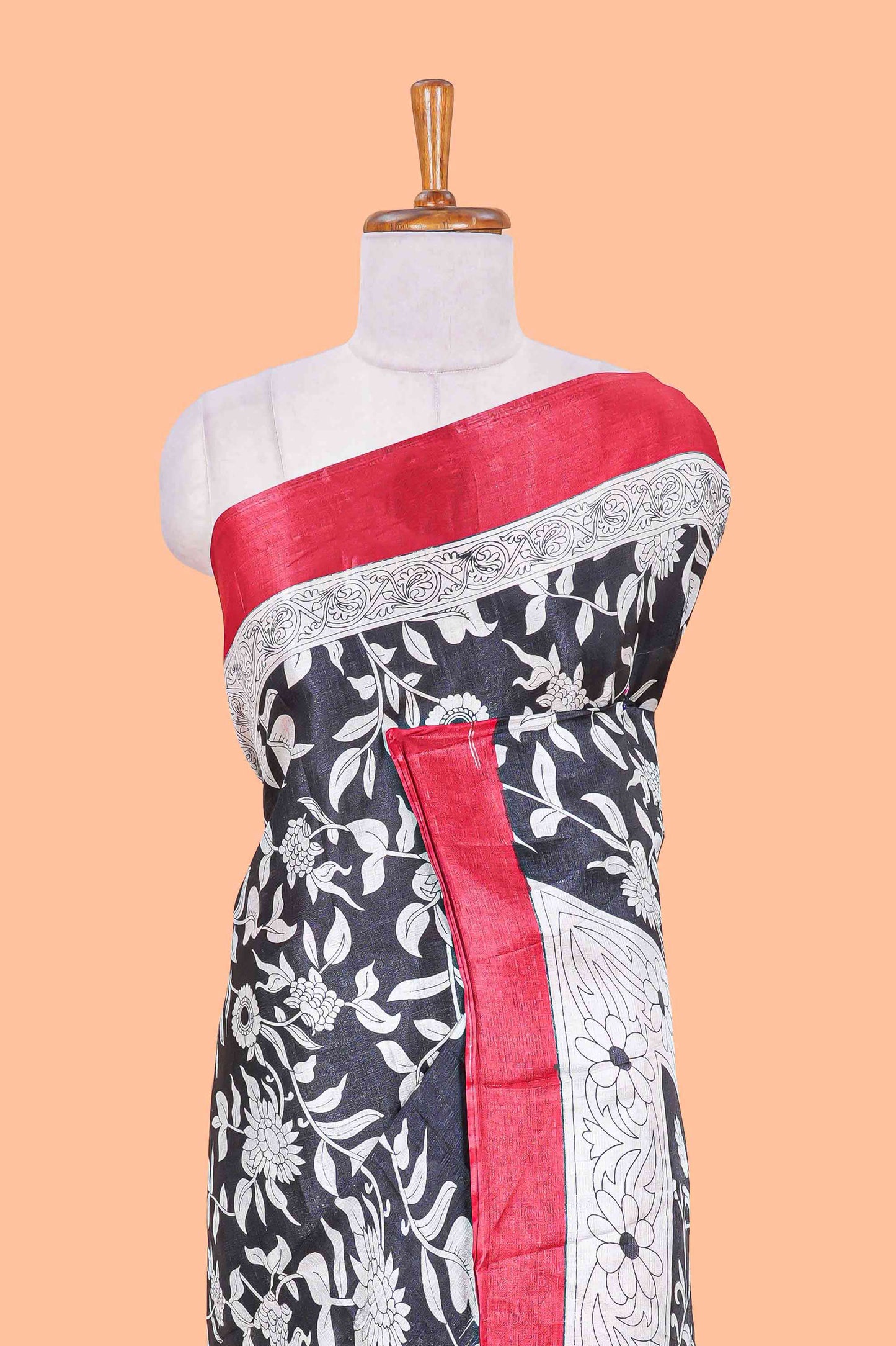 Black floral design kalamkari print south cotton saree with contrast border and matching blouse