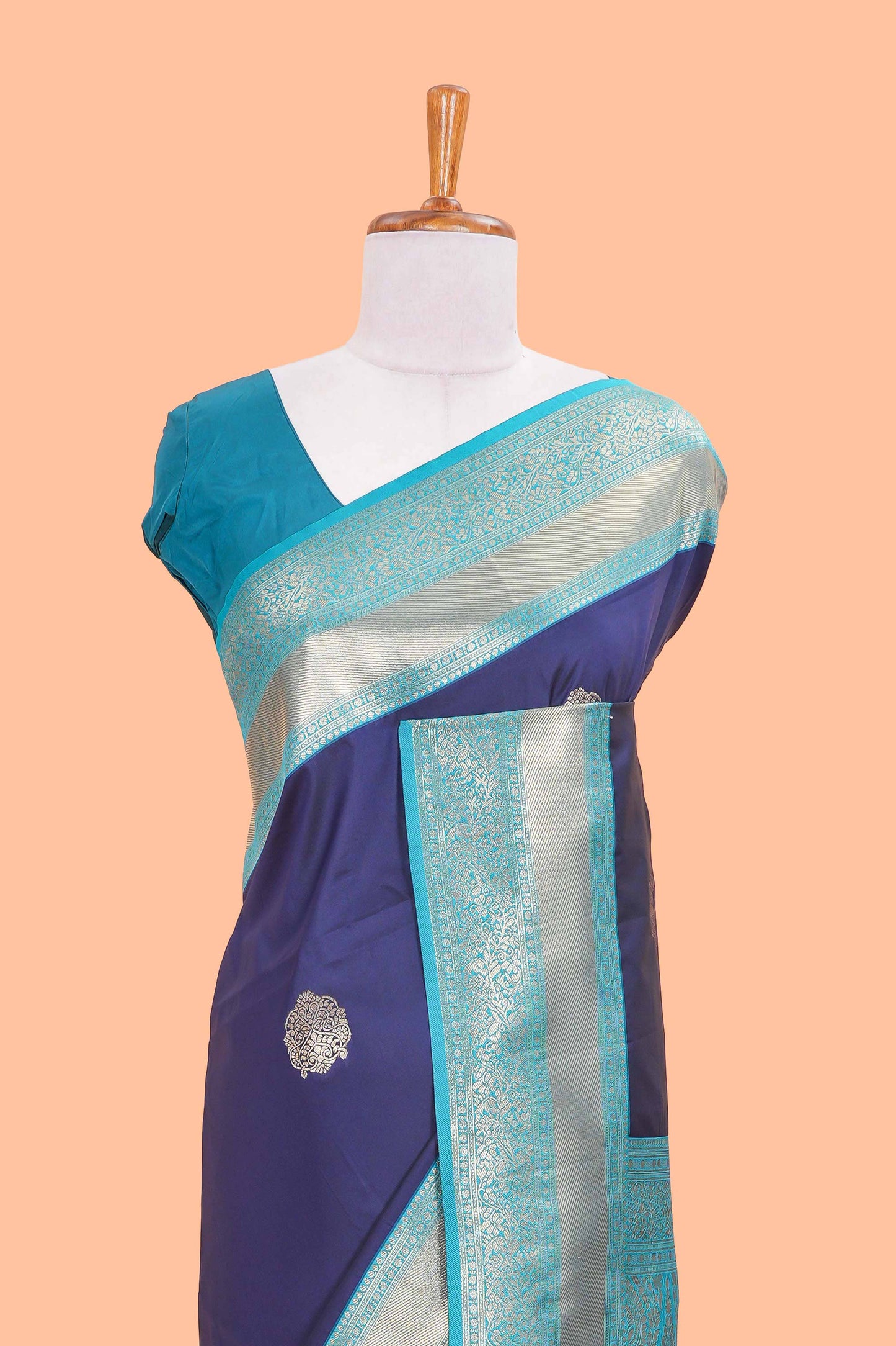 Raw Silk Saree Golden Zari Butta Across The Body And Contrast Pallu