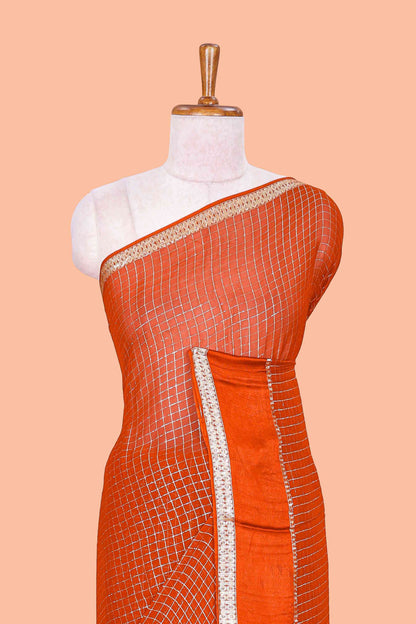 Orange Georgette Saree All Over Zari Check With Satin Border