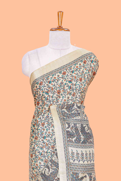 Sandal floral madhupani print south cotton saree with self border and contrast blouse