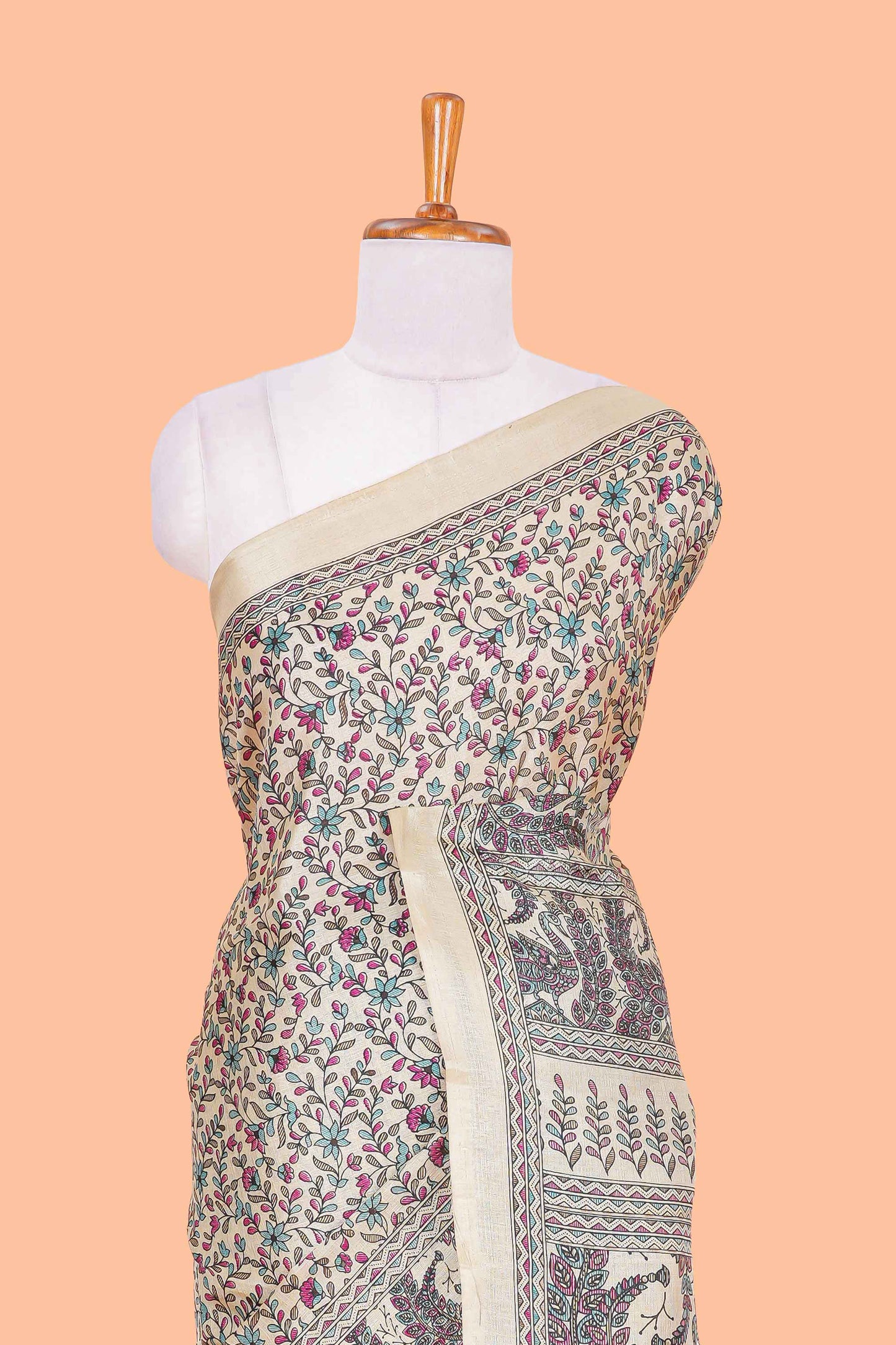 Sandal floral madhupani print south cotton saree with self border and contrast blouse