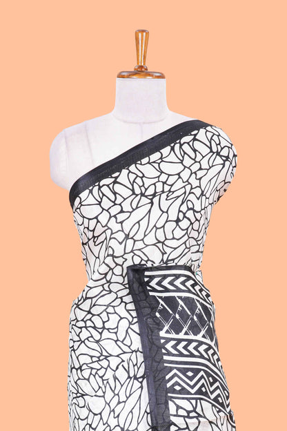 White With Black Khadi Cotton Abstract Print Design In Body and Pallu