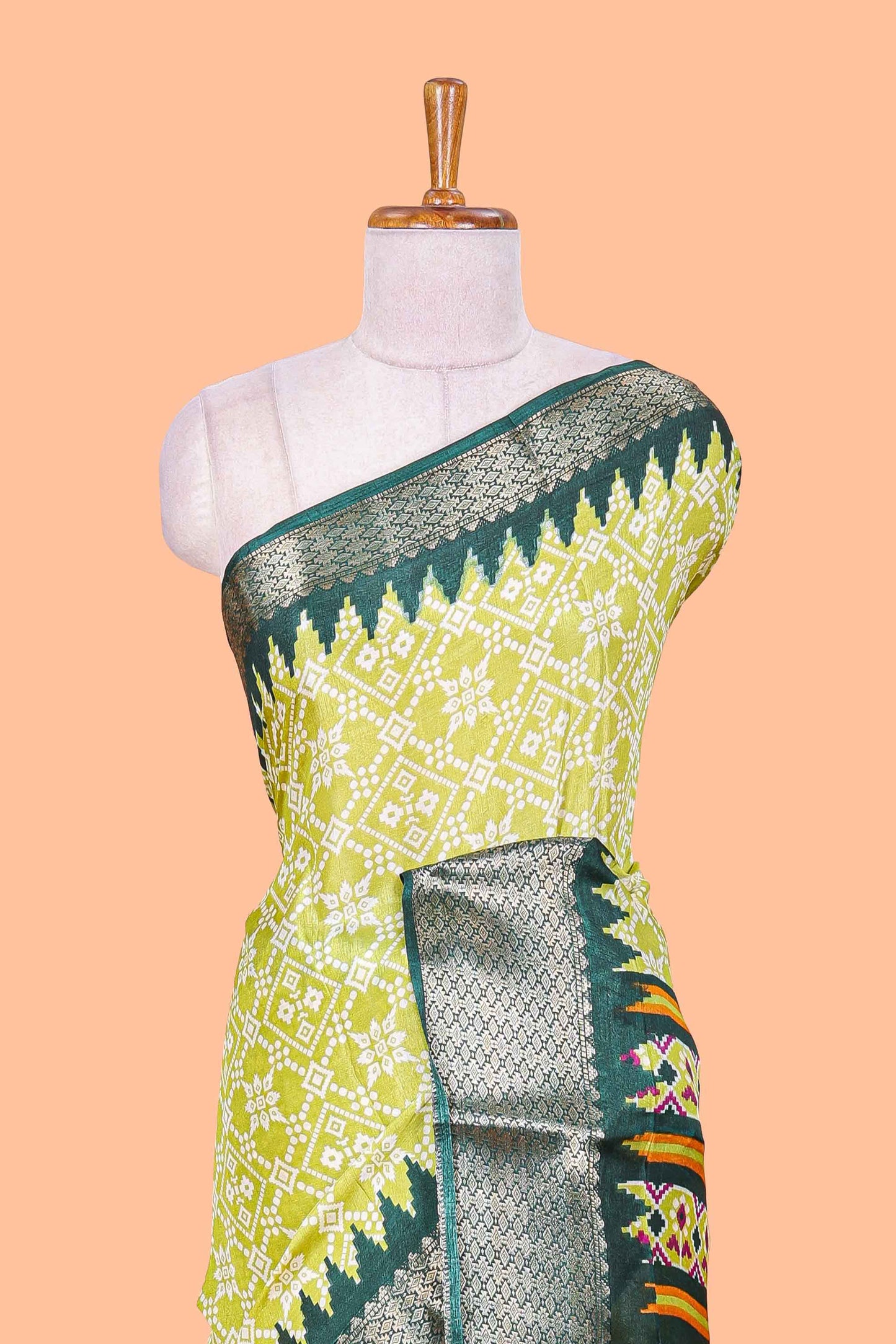 Parrot Green Semi Dola Silk Body Bandhini Style With Jacquard Border