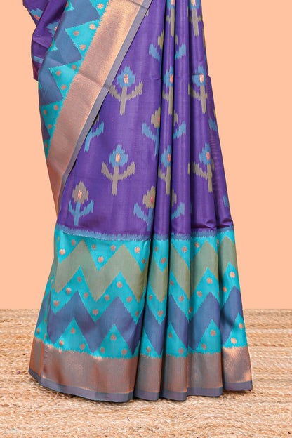 Violet Semi Soft Silk Saree Body All Over Ikkat Pochampally Thread Weaving and Chevron Pattern Border With Ikkat Rich Pallu