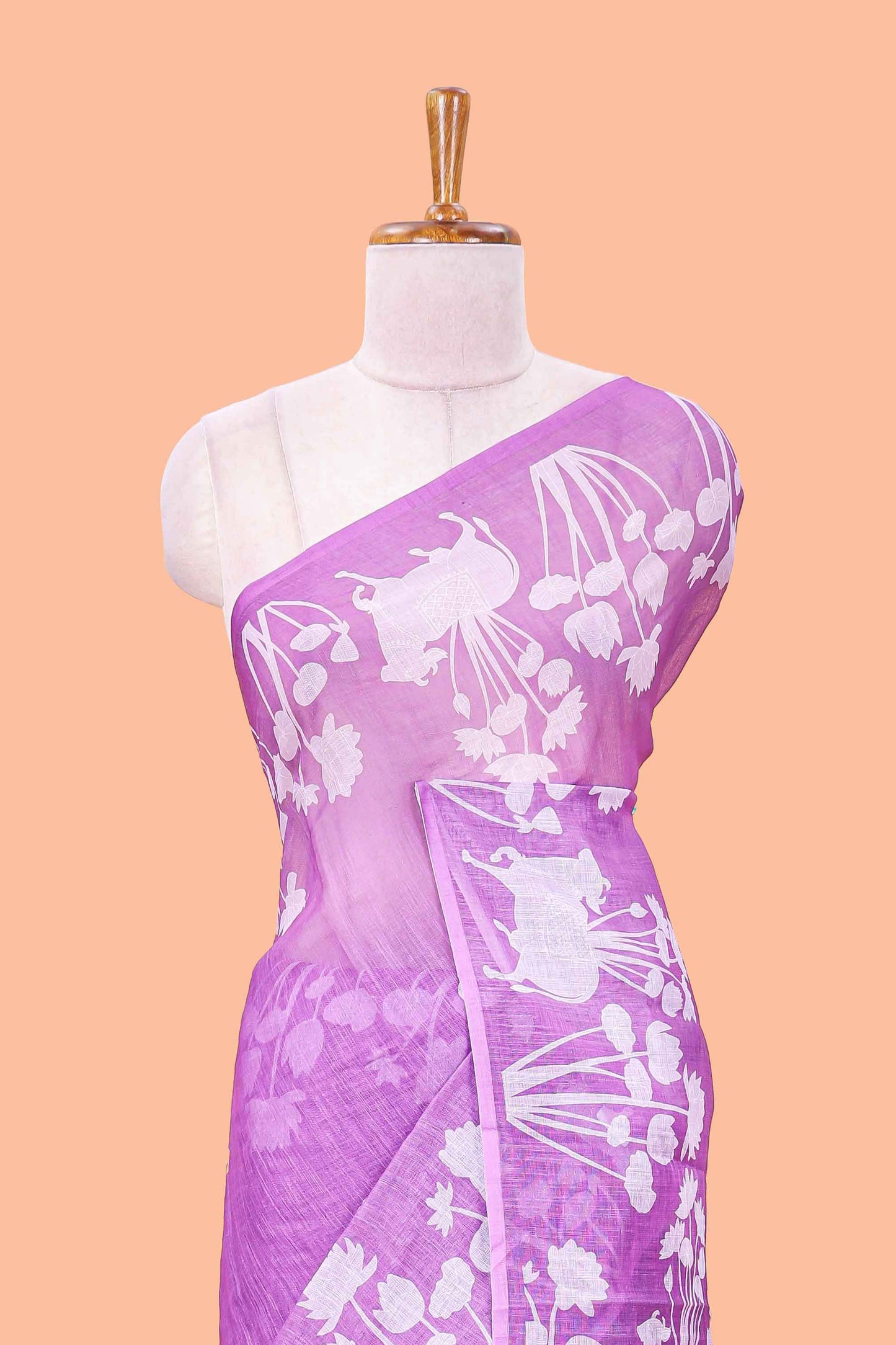 Lavender Linen Cotton Body Flower Print With Border Pichwai and Lotus Flower Print and Printed Blouse