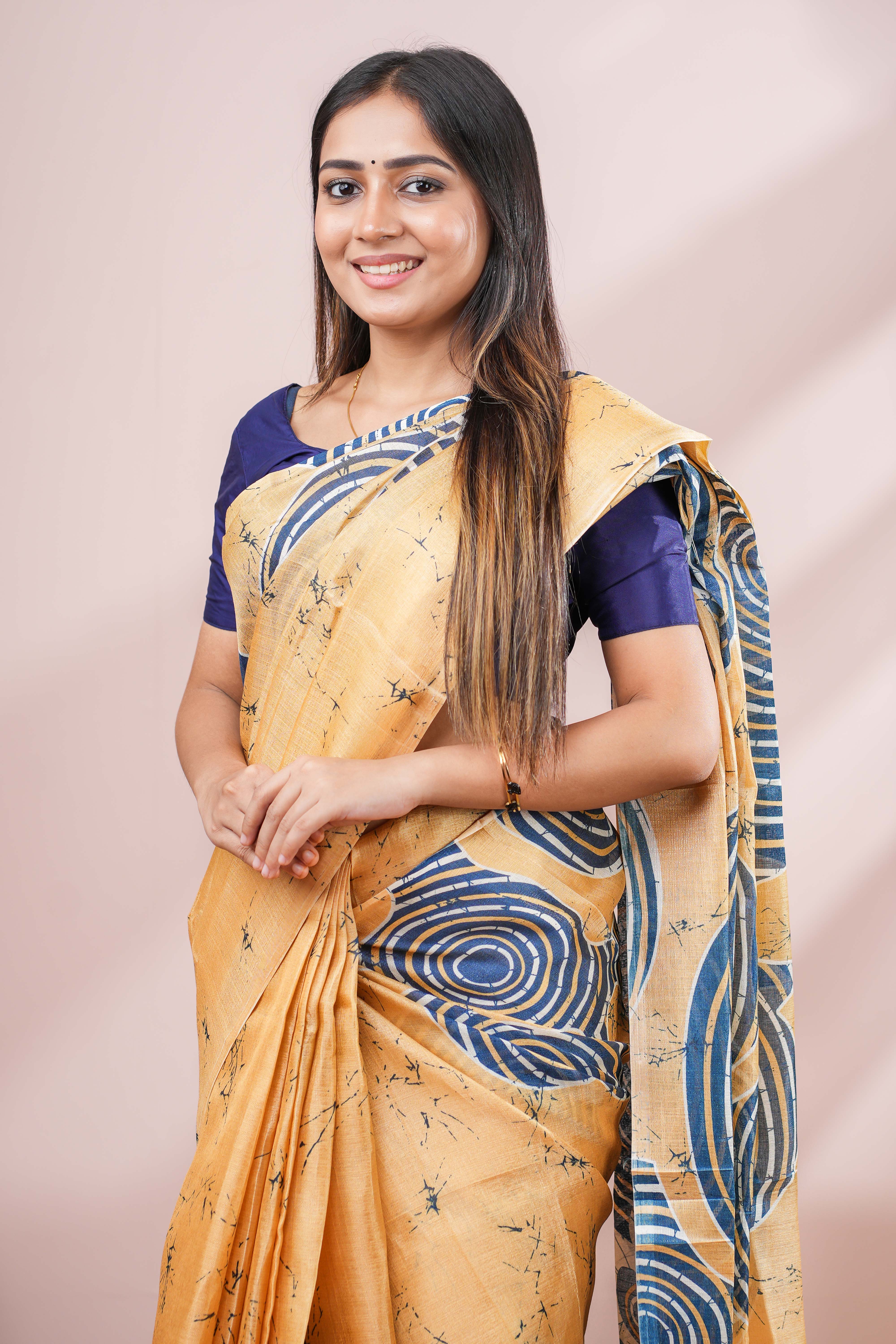 Yellow south cotton Saree All- Over Spiral Digital Print Along With Blouse
