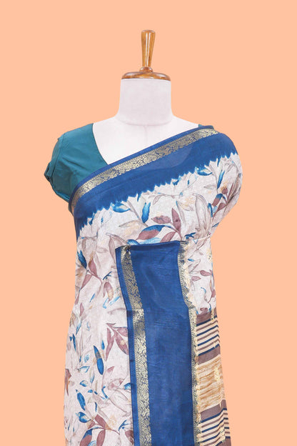 Sandal Semi Dola Silk Saree All- Over Leaf Printed, Zari Butta And Stripes Pallu Along With Contrast Blouse
