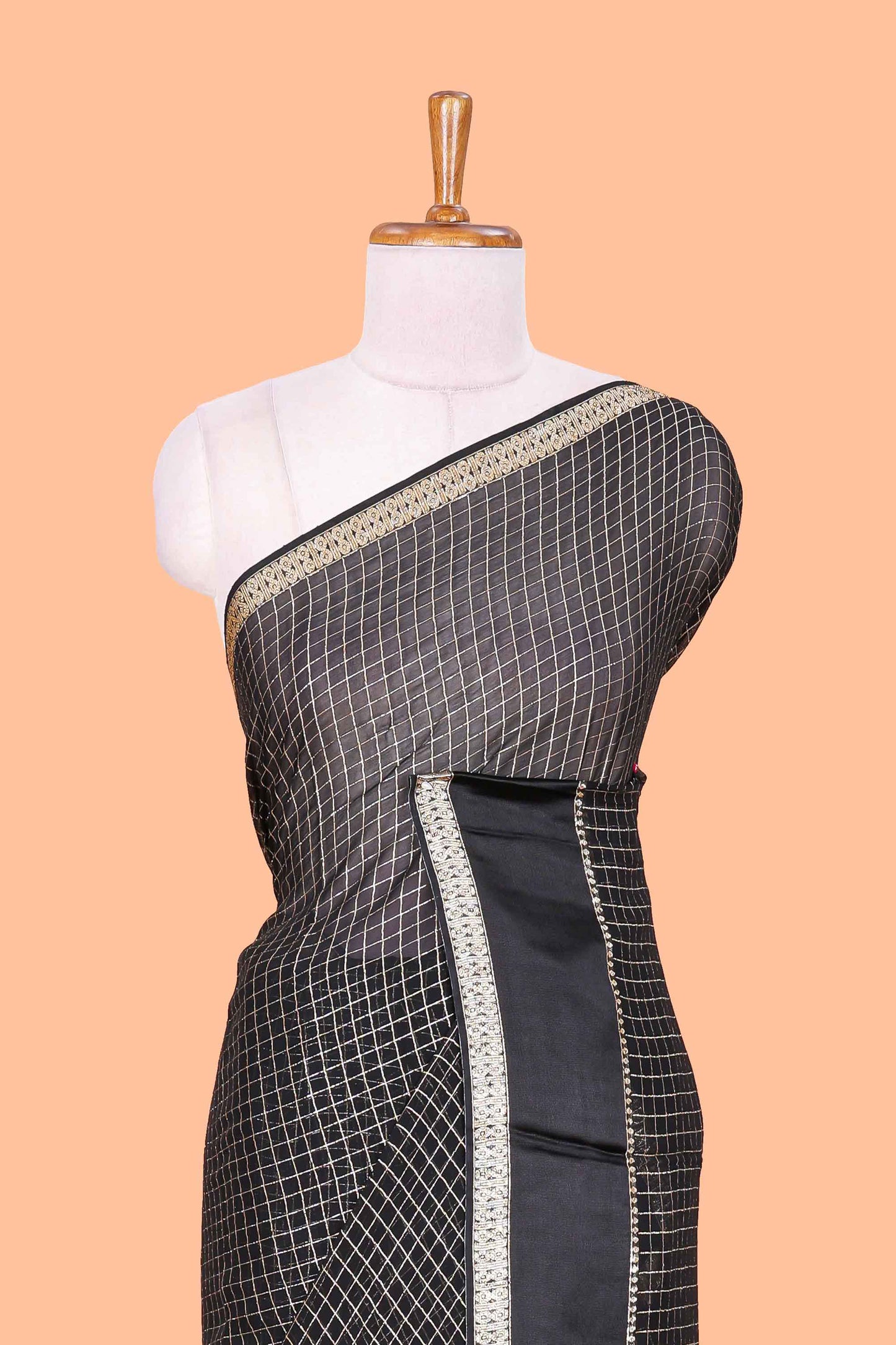 Black Georgette Saree All Over Zari Check With Satin Border