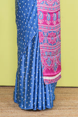 Blue Modal Silk Saree Bandhani Print Across The Body With Ajrakh Design Pallu Along With Contrast Blouse