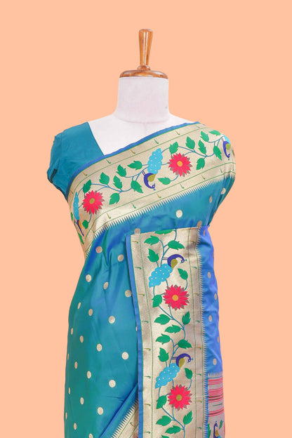 Peacock Blue Art Silk Saree Golden Zari Paisa Motifs Across The Body & Paithani Pallu Along With Blouse