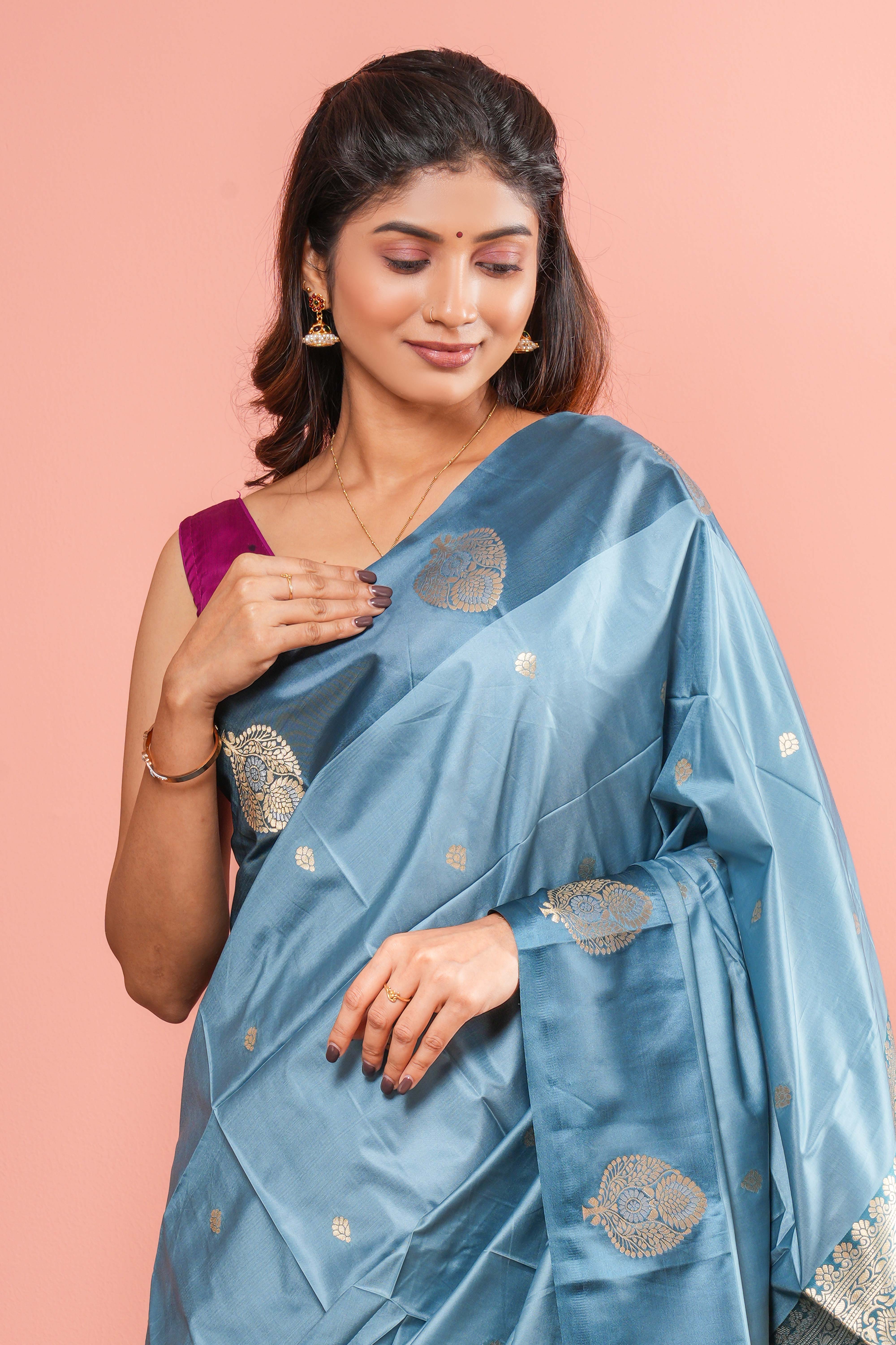 Art Silk Saree Zari Butta Across The Body With Gold Zari Weaving Pallu