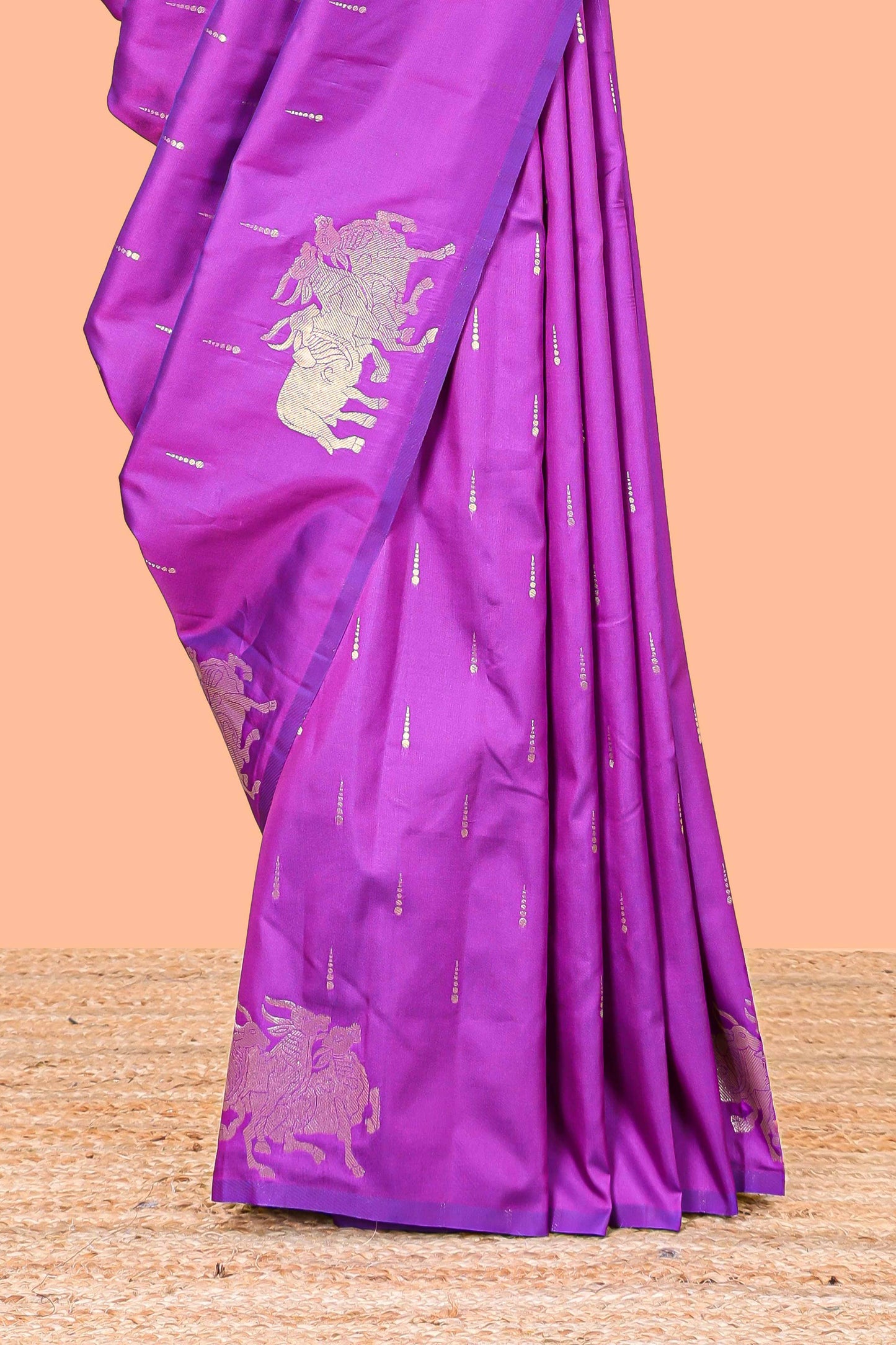 Purple Semi Soft Silk Saree Body Rain Drop Butti and Border Nandhi Motifs and Grand Zari Rich Pallu