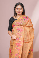 Mustard Yellow Linen Saree Elegant Floral Print With Aari Work Across The Body Scallop Border Along With Contrast Floral Design Blouse