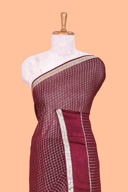 Brown Georgette Saree All Over Zari Check With Satin Border