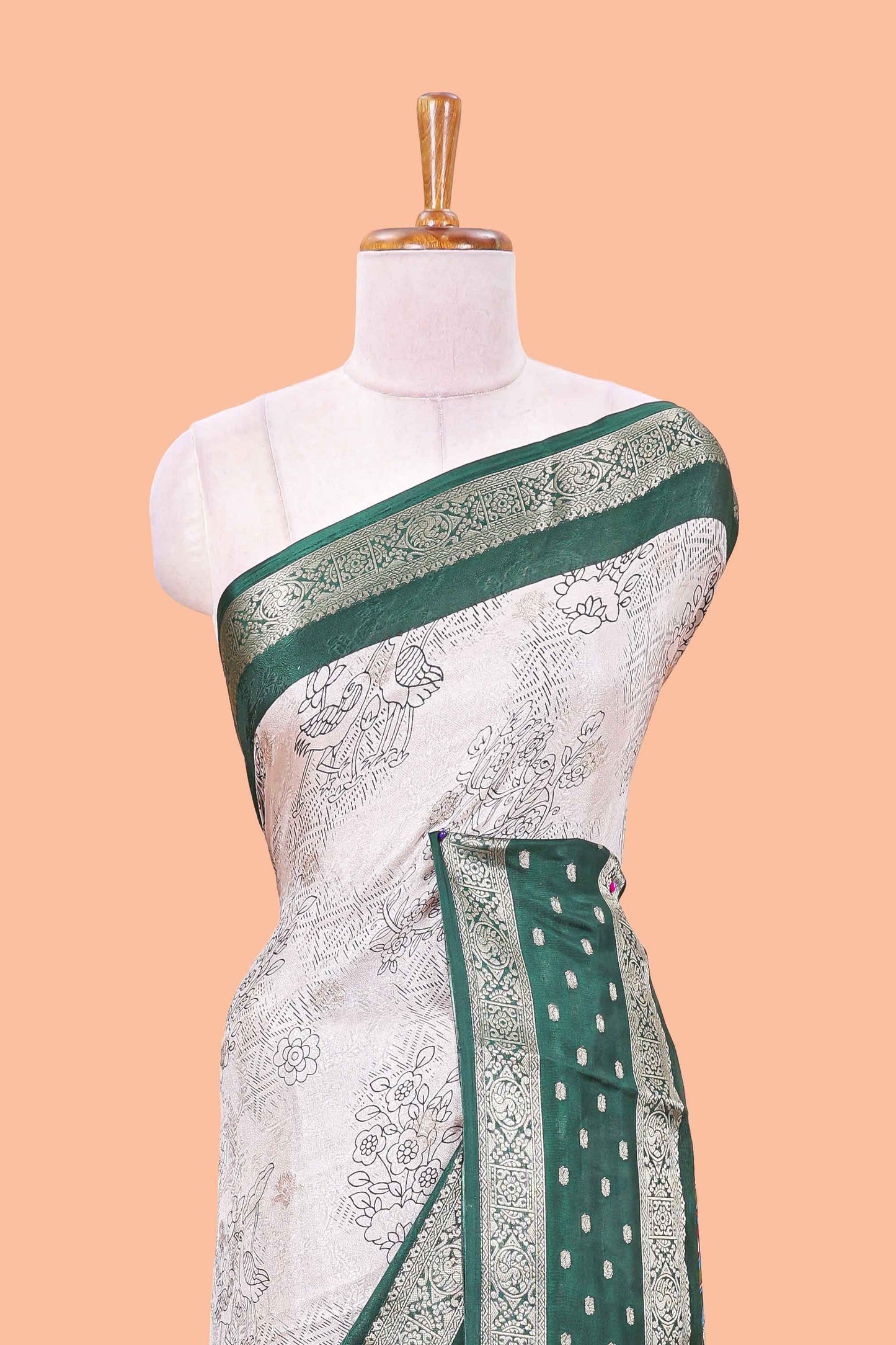 Green Mars Georgette Body Floral Print With Contrast Bentex Border Above Kalamkari Print With Kalamkari Pallu